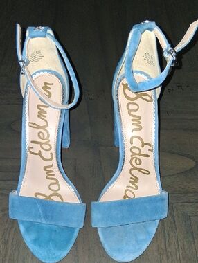 Sam Edelman Light Blue Suede Block Heel Sandals with Ankle Strap